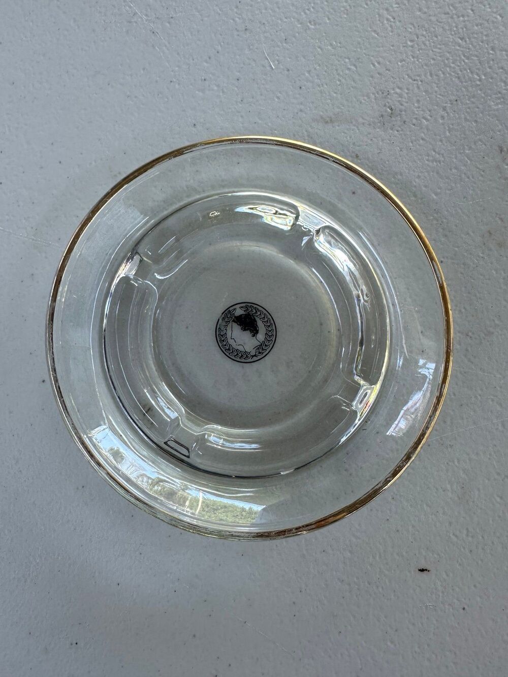 Vintage Caesars Palace Mid Century Clear Glass Central Emblem Gold Trim Ashtray